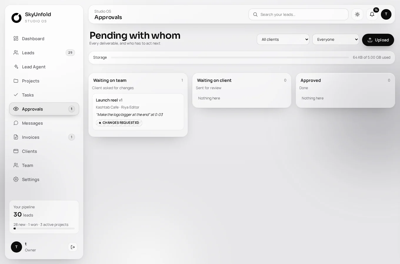 Studio OS approvals board showing deliverables waiting for client review